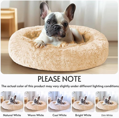 JOLLYVOGUE Calming Dog Beds Large Sized Dog, 36in Donut Washable Large Pet Bed, Anti-Slip & Anti-Anxiety Fluffy Faux Fur Round Dogs Bed, Fits up to 80 lbs Pets (Off White)