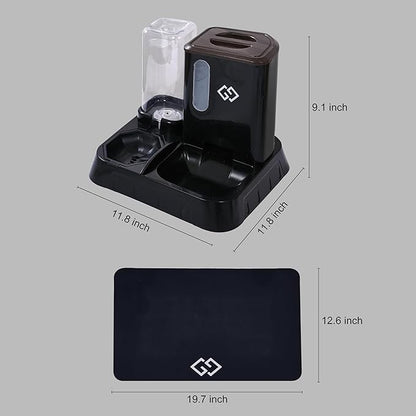 Gravity Cat Feeder and Automatic Water Dispenser for Dogs, 3 in 1 Spill-Proof Cat Feeding Station, Black Premium Design with Absorbent Mat, Easy to Clean