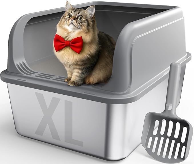 Stainless Steel Cat Litter Box, Metal Litter Box with Scoop, High- Sided, Anti-Leakage Top Entry, Non-Sticky, Easy to Clean, Grey, XL (1 Pack)