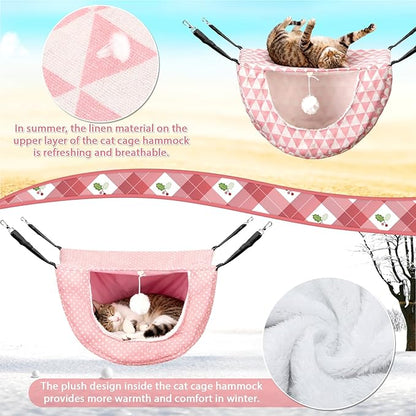 Unittype 4 Pieces Cat Cage Hammock Hanging Pet Bed Double Layer Soft Plush Hanging Pet Comfortable Hammock Bed for Indoor Kitten Ferret Hamster Rabbit or Small Animals, 4 Styles(Pink Dots)