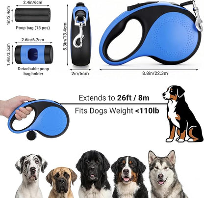 Segarty 26 Ft Retractable Lead for Dogs Weighing 66 lbs - 110 lbs, 8m Heavy-Duty Dog Leash with Poop Bag Holder, Extra Long Lead with Anti-Slip Handle One-Handed Brake Pause Lock for Medium Large Pet