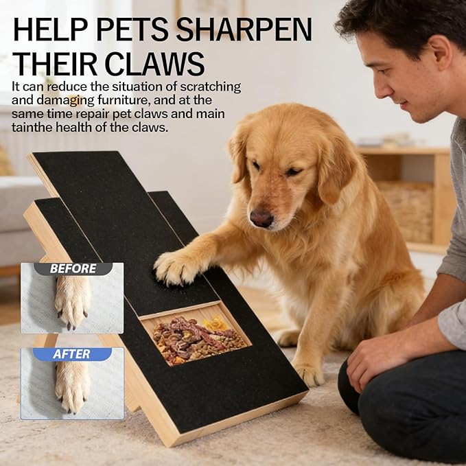 Dog Nail Scratch Board - with Treat Draw- Dog Scratch Pad for Nails – Durable Wooden Nail Filing Board with Treat Drawer (All Breeds)