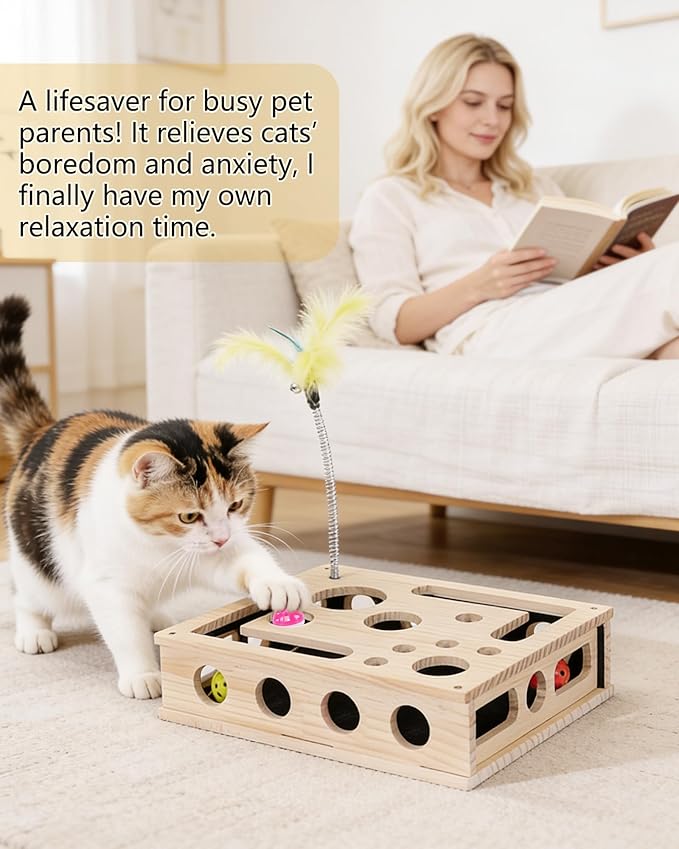 Cat Toys for Indoor Cats - Interactive Box Puzzle Toy Nail File Scratcher Hunting Play Toy with 3 Jingle Balls & 1 Feather Wand, Wooden Puzzle Treat Toy Box Energize Cat Instincts for Bored Cats