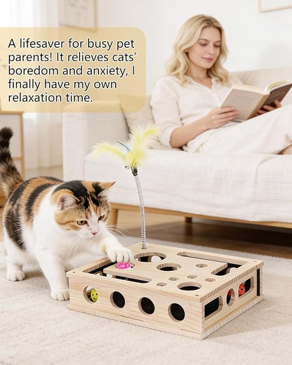 Cat Toys for Indoor Cats - Interactive Box Puzzle Toy Nail File Scratcher Hunting Play Toy with 3 Jingle Balls & 1 Feather Wand, Wooden Puzzle Treat Toy Box Energize Cat Instincts for Bored Cats