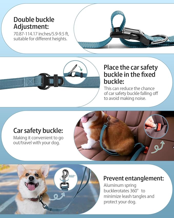 Hands Free Dog Leash & Car Seatbelt, 5.9-9.5ft Crossbody Dog Belt with Dual Soft Handles, Shock-Absorbing, 360° Clip, Reflective Design for Walking, Running, Hiking, Travel. (Ink Blue)