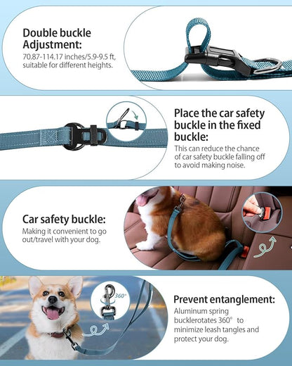 Hands Free Dog Leash & Car Seatbelt, 5.9-9.5ft Crossbody Dog Belt with Dual Soft Handles, Shock-Absorbing, 360° Clip, Reflective Design for Walking, Running, Hiking, Travel. (Ink Blue)