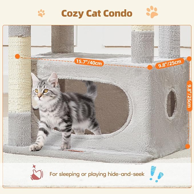 Taoqimiao Cat Tree,38.2-Inch Cat Tower for Indoor Cats,Suitable for Kittens with Luxurious cat condo with Adjustable Baskets and Luxurious Perch Light Gray MS029SW