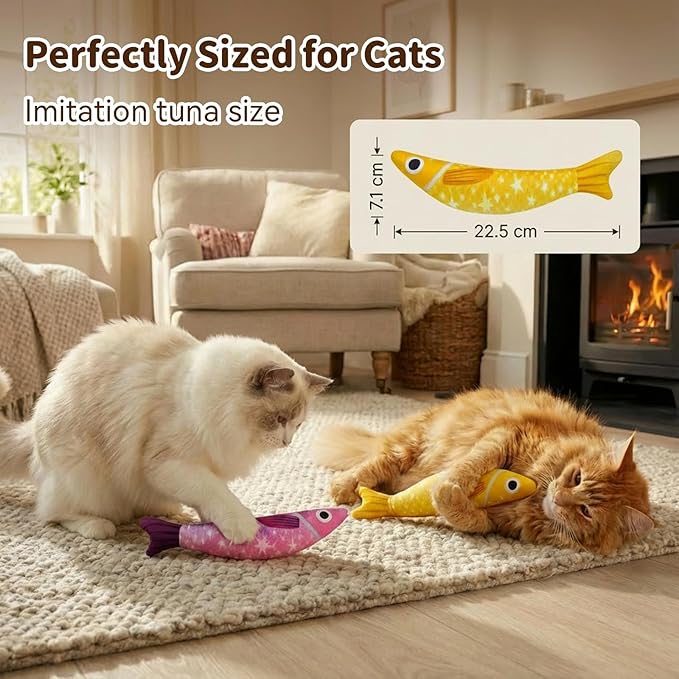 Cat Toys for Indoor Cats with 5000mg Natural Catnip Interactive Kicker Fish Toy of Crinkle Bell Sound Adult Cat Kittens Teeth Cleaning Easter Gifts Yellow Purple