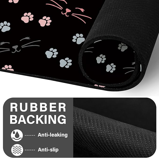 Patterned Cat & Dog Bowl Mat for Food and Water, 17"×30" Quick Dry Absorbent Pet Feeding Mat, Eco-Friendly Dog Placemat