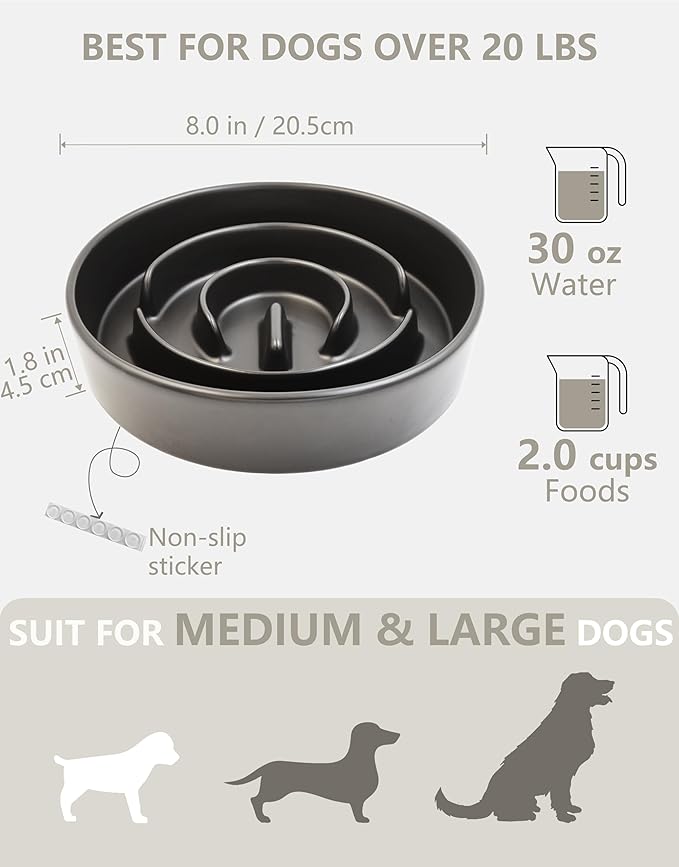Ceramic Slow Feeder Dog Bowls, 2.0 Cups Slow Feeder for Medium Dogs, Puzzle Maze Bowl to Slow Down Eating, 30oz, 8in, Black
