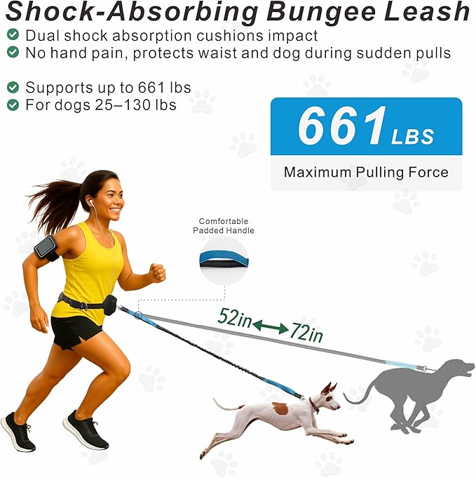 Hands-Free Dog Leash for Dogs up to 130 lbs – Heavy-Duty, Shock-Absorbing Bungee Leash with Zipper Pouch, Dual Padded Handles & Adjustable Waist Belt for Running & Walking – Sky Blue