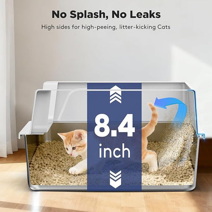 FURTIME 2 Pack Stainless Steel Cat Litter Box with Lid, Metal Kitty Litter Box for Small Cats, Kitten Litter Boxs with Non-Sticky, Anti-Leakage, Easy to Clean, 17"x13"x8.4" (Small)