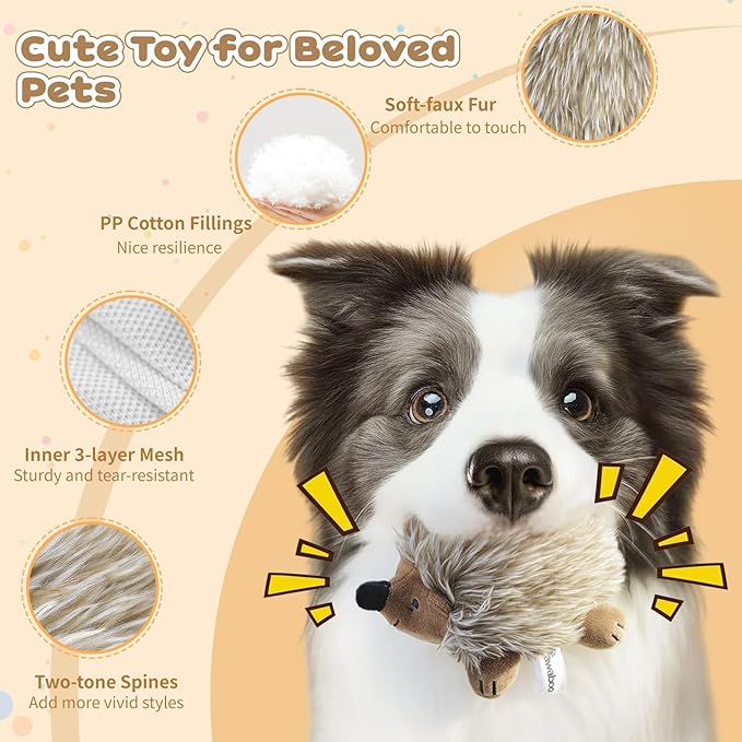 Pawaboo Plush Dog Toy, [2PACK] Non-Toxic Super Soft Faux-Fur Hedgehog Dog Toy Stuffed Biting Training Playing Toys for Dog Puppy, Brown