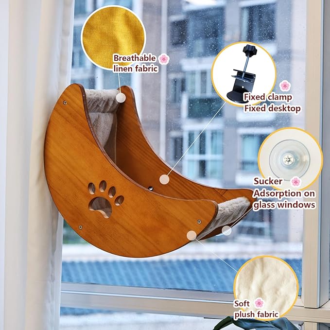 Cat Window Perch Hammock Bed with Strong Suction Cups, Space-Saving Window Cat Bed for Indoor Cats, Multi-Use Moon Shelf for Desk or Window