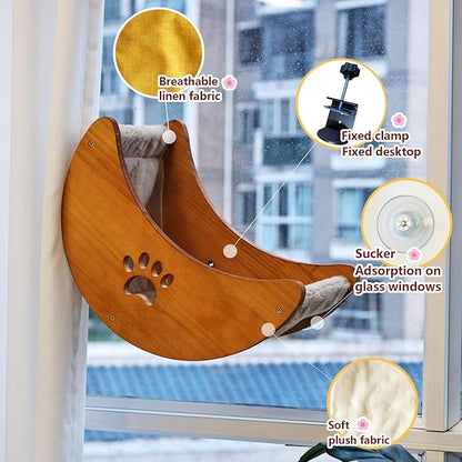 Cat Window Perch Hammock Bed with Strong Suction Cups, Space-Saving Window Cat Bed for Indoor Cats, Multi-Use Moon Shelf for Desk or Window