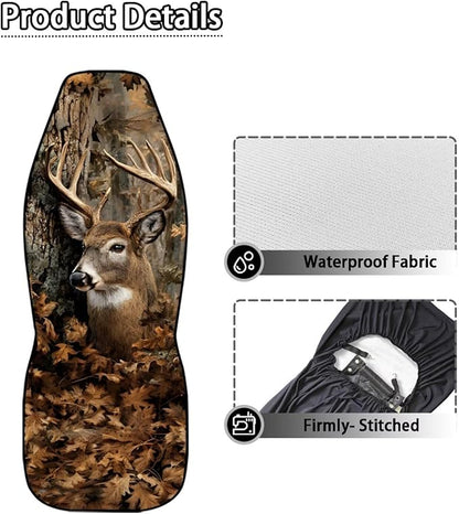 Waterproof Front Seat Covers Easy Installation Camo Deer Hunter Car Seat Covers Set of 2 Stretch Polyester Fabric Cover Car Interior Accessories Universal Fit Most Cars,SUV, Trucks