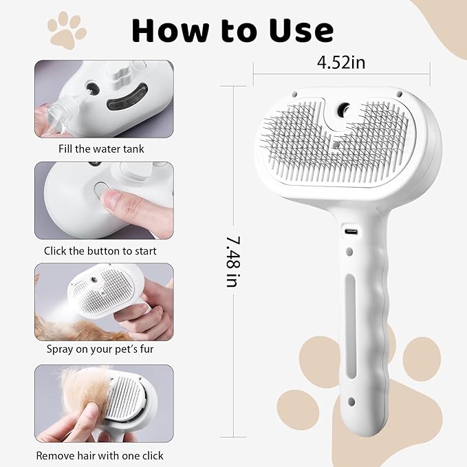 Steam Slicker Brush Pet Shedding Hair-Spray Brushes for Grooming and Desheding, Indoor Detangler for Cats and Dogs,4 in 1, Suitable for Long and Short-Haired, Effectively Removes Loose Fur (White)