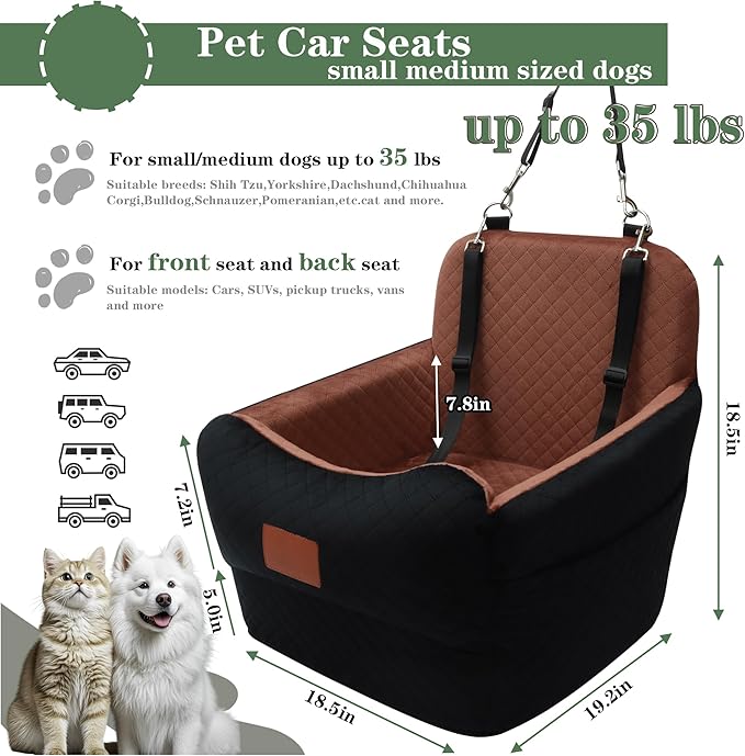 Dog Car Seat for Small/Medium Dogs,2 Adjustable Seat Belt,Memory Foam with Soft Fabric Pets Travel Car Bed with Non-Slip Bottom,Easily Installed in Front and Back seats,Removable and Washable(H-blabro
