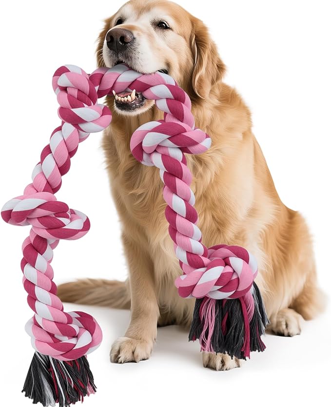 SZEE Dog Rope Toy for Large Dogs, 37 Inch 5 Knots, Tug of War Rope for Large Breeds, for Energy Release & Boredom Relief, Valentine’s Day Pet Toy (Red & Pink)