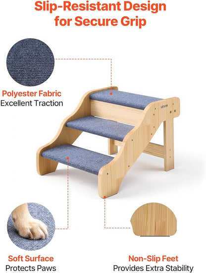 VEVOR Wood Pet Stairs, 3-Step Dog Stairs for High Beds, Sofa & Cars, 150lbs Load Capacity, Non-Slip Surface, Stable Cat & Dog Step Ladder for Small Medium Large Older Pet Puppy Essentials