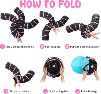 Poen 21 Pcs Cat Tunnel for Indoor Set Collapsible 5 Way Tubes with 20 Pcs Cat Kitten Toys Interactive Feather Toy Mouse Crinkle Balls Tube for Puppy Kitten Rabbit(Pink Black)