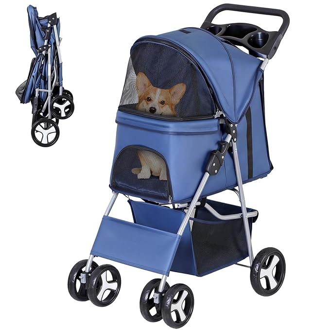 ZENY Foldable Pet Stroller, Cat/Dog Stroller with 4 Wheel, Pet Travel Carrier Strolling Cart with Storage Basket, Cup Holder (Navy Blue)