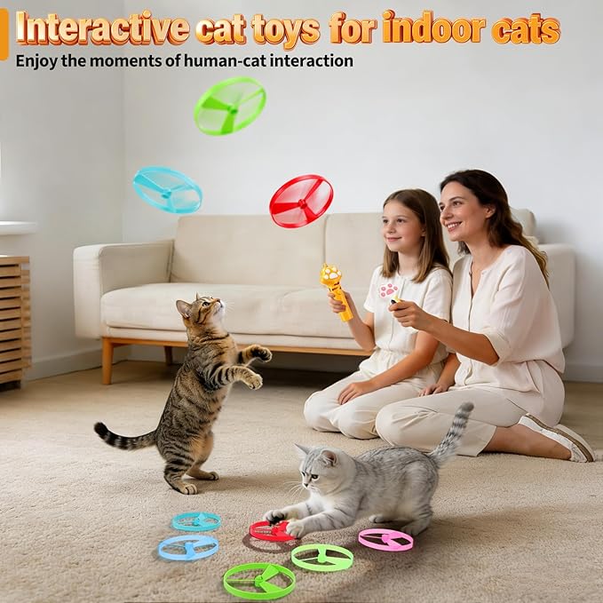 BABORUI Cat Toy Disc Launcher, Rechargeable Interactive Cat Fetch Toy Launcher with 8 Flying Discs, Flying Enrichment Toys for Indoor Bored Kittens & Adult Cats (Yellow+White)