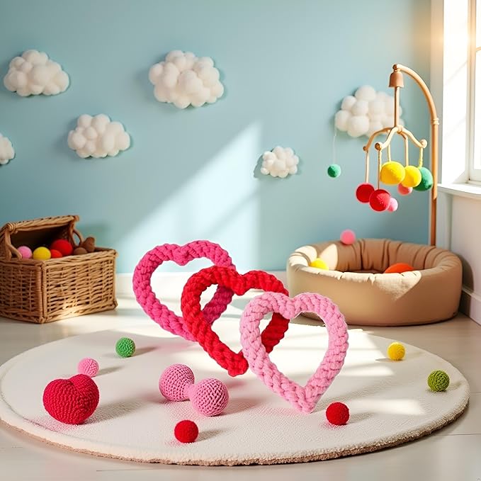 Cute Dog/Cat Chew Toys, Heart-Shaped Chew Toys,Cotton Rope Teething Toy for Puppies, Creative Love Heart Shaped Interactive Rope Dog Toys, Cotton Puppy Teething Chew Tug Toy (Pink and Red)