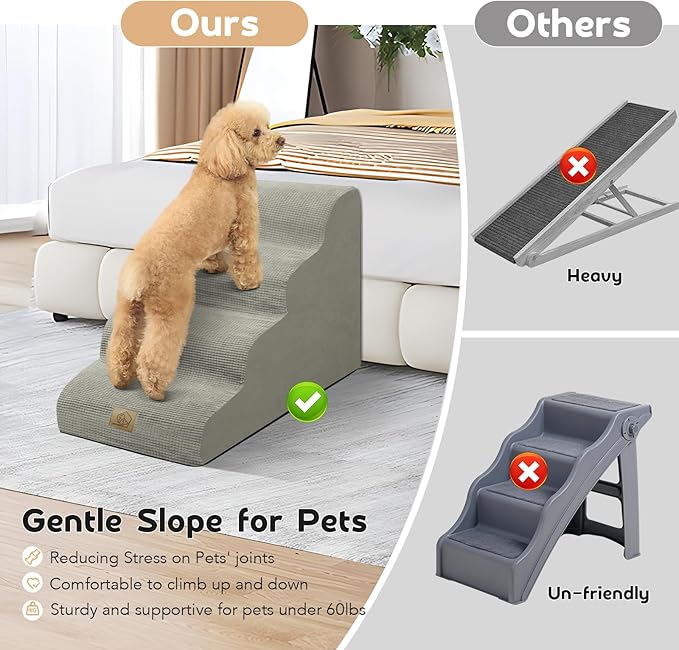 Mestuel Dog Stairs for Small Dogs Cats, Small Pet Stairs Steps, Foam 5-Tier Pet Stairs Steps for Couch Sofa, Dog Ramp Ladder Indoor with Nonslip Bottom &Washable Cover, Beige