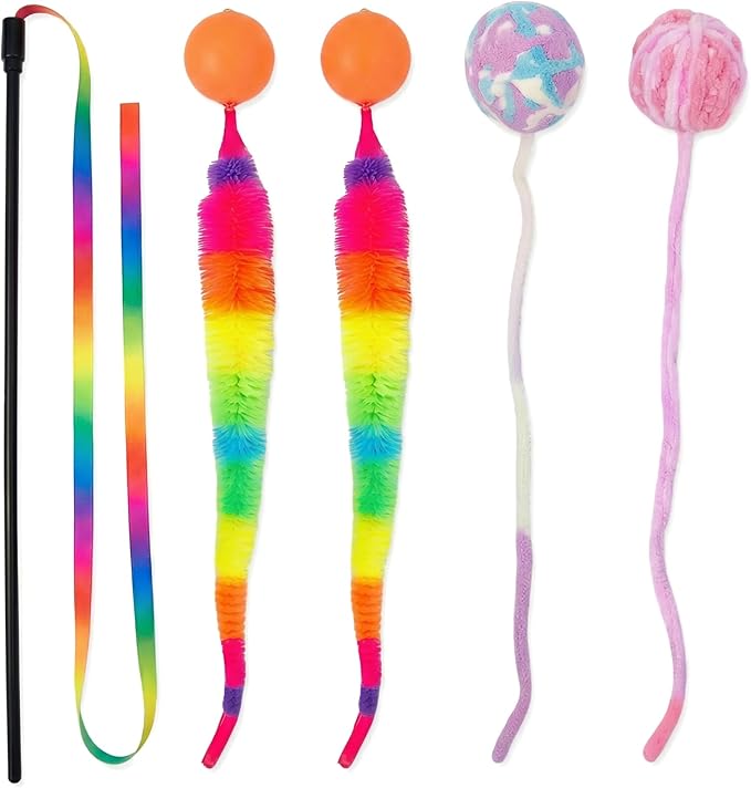 Premium Cat Exercise Wand Kit - 5 Pack Rainbow Rope Set with Dual Wool Balls & Bouncy Attachments for Indoor Cats & Kittens