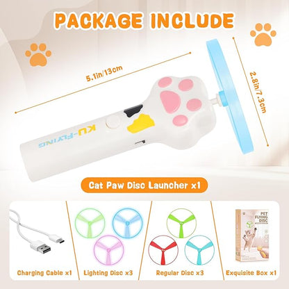 Cat Chase Fetch Toy - Rechargeable Disc Launcher with 6 Flying Spinners - Best Interactive Pet Hunting Toys for Indoor Outdoor Yard Cats Dog (White)