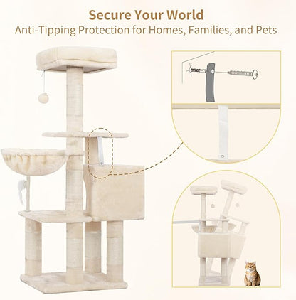 Heybly Cat Tree with Toy, Cat Tower Condo for Indoor Cats, Cat House with Padded Plush Perch, Cozy Hammock and Sisal Scratching Posts, Beige HCT004SM