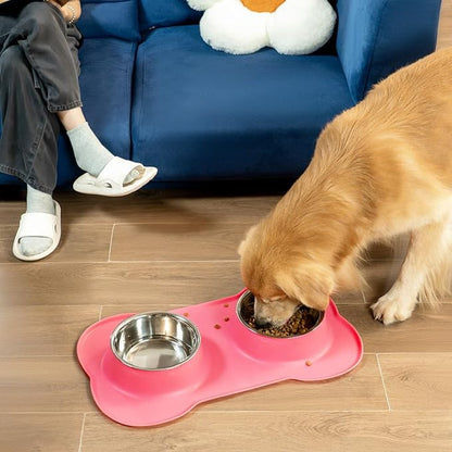 Dog Bowls with Non-Slip Silicone Mat, Spill Proof Large Food & Water Bowls Set, Easy Clean Dog Food Dish, Dishwasher Safe, Suitable for Dogs Cats Pet Under 90lbs, Large, Pink
