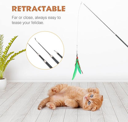 Pawaboo Interactive Cat Toys for Indoor Cats, Cat Wand Toys, Cat Fishing Pole Toy for Kitten Kitty, Cat Feather Teaser Wand Toys (Colorful, Stripes)