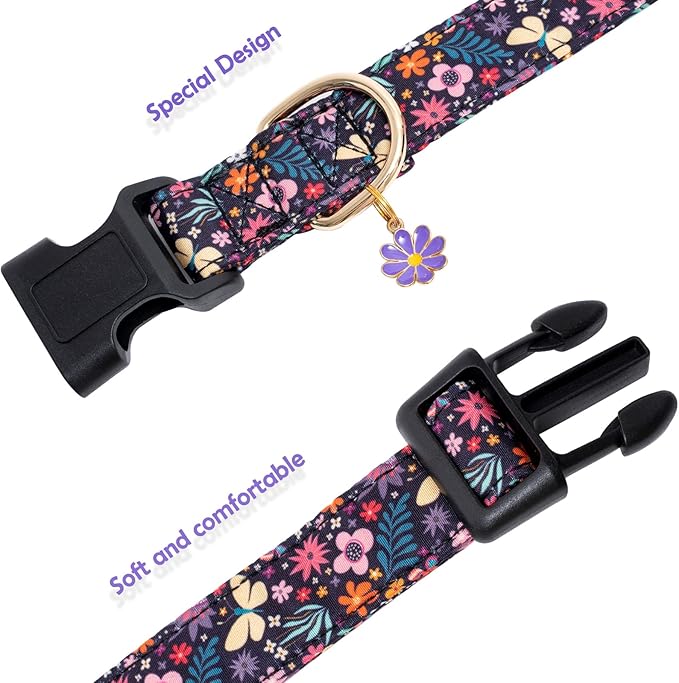 Faygarsle Cotton Designer Dogs Collar Cute Flower Dog Collars for Girl Female Small Medium Large Dogs with Purple Flower Charms XS