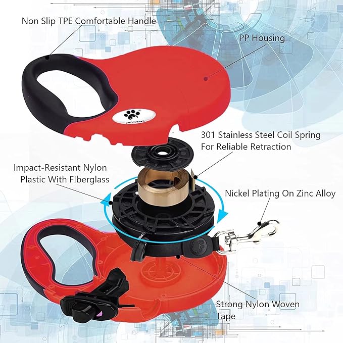 16ft Retractable Dog Leash for Large Breed Dogs up to 110 lbs with a Detachable Chew Proof Extender Wire Ropes (Red L)