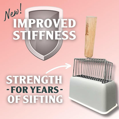 Sprinkle & Sweep: Litter Box Speed Shifter - 2 Pack - Metal Scoop, Comfortable Wood Grip, Washable Stand, Efficient Cleaning, Cat & Pet Maintenance