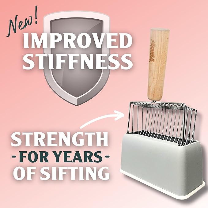 Sprinkle & Sweep: Litter Box Speed Shifter - Metal Scoop, Comfortable Wood Grip, Washable Stand, Easy & Efficient Cleaning, Cat & Pet Maintenance