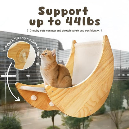 Wooden Cat Window Perch, Large Cat Window Bed with 4 Upgraded Suction Cups, Solid Wood Cats Window Hammock with Moon-Shaped Design, Pet Windows Seat for Indoor Cats