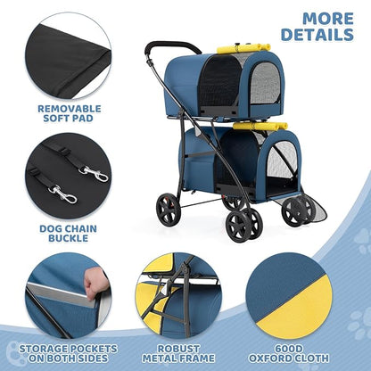 Magshion Double Dog Stroller with 2 Detachable Carrier Bags, 4-Wheel Folding Pet Travel Strolling Cart with Storage Pocket for Small-Medium Dogs & Cats Puppy, Navy Blue/Yellow
