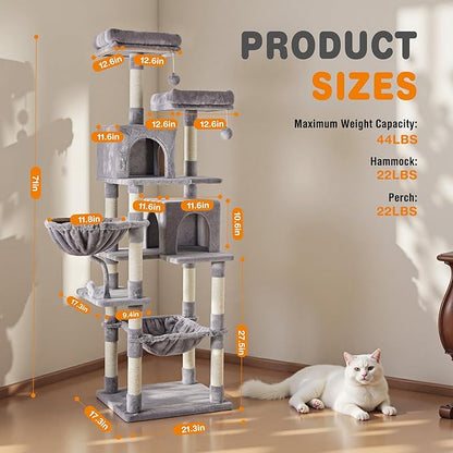 DUMOS Tall 71 inch Cat Tree Tower, Large Multi Level Cat Climbing Tower with Condo, Natural Sisal Scratching Posts, Platform, Hammock, Basket, Pet Tree House for Indoor Cats Play, Light Grey