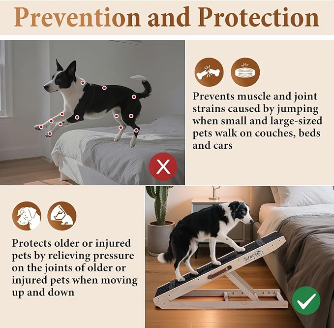 Dog Ramp for Bed - Foldable Small to Large Dog Ramp for Couch - 6 Adjustable Height from 12" to 24" - Stairs with High Traction Mat - Wooden Portable Ramp for Dogs to Get on Bed Couch Car Up to 200LBS