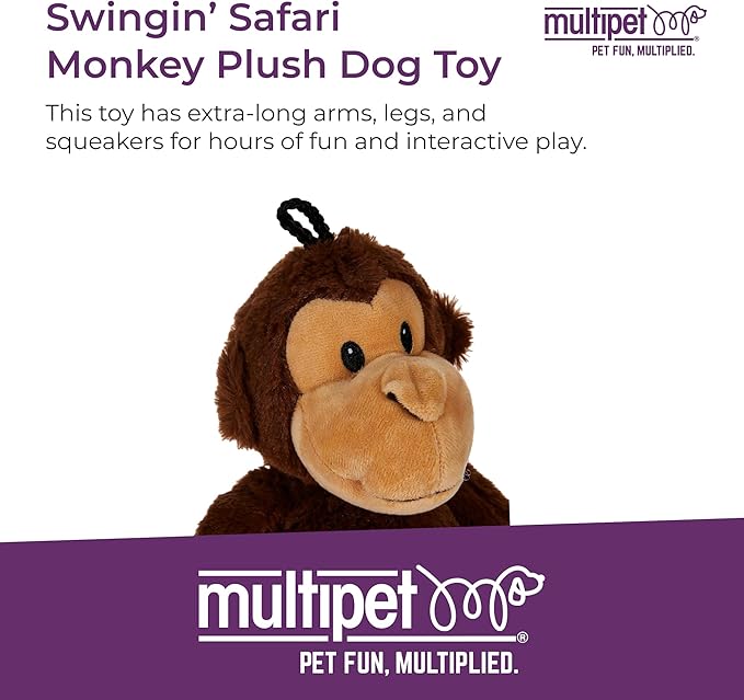 Multipet Swingin' Safari Monkey Dog Plush Toy - Squeaky Dog Toy for All Dogs - Extra Soft Plush Dog Toy - Stuffed Animal Dog Toy for Cuddling & Playing - Cute Dog Pet Toy (27”, Brown, 5 Squeakers)