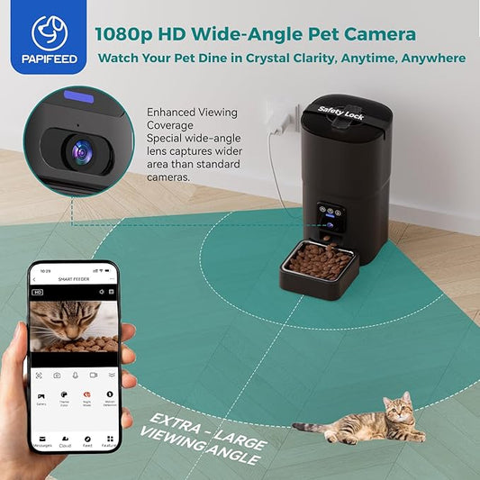 PAPIFEED Automatic Cat Feeder,Camera 1080P HD - 6L Pet Feeder, 2.4/5G WiFi Smart App Control, Bluetooth Assist Link,Wide-Angle Lens,Automatic Feeder for Small and Medium-Sized Pets (5G 1080P)