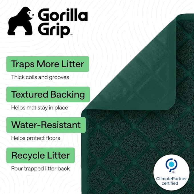 GORILLA GRIP Cat Litter Box Mat, 47x35, Cushioned Coil Mesh Litter Trapping Mats, Scatter Control Supplies for Less Mess, Phthalate Free, Ultra Deep Catch Grooves, Rinse or Vacuum to Clean, Dark Green