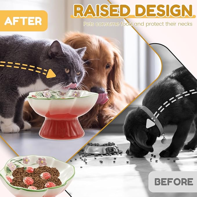 Raised Slow Feeder Cat Bowl, Ceramic Elevated Small Cat Food Bowl, 15°Titled Food Bowls Small Dogs Slow Feeder, Strawberry Shaped Cute Pet Dish for Dry and Wet Foods(Pink)