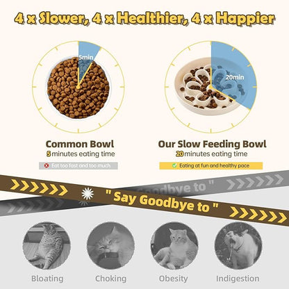 Melamine Slow Feeder Cat Bowl - Cute Blossom Maze Cat Dish - Fun Interactive Plate for Dry & Wet Food - Whisker Friendly - Dishwasher Safe - 6.3''W x 1.1''H