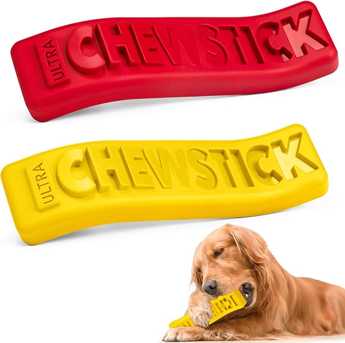 Dog Chew Stick Toy,Interactive Treat Dispensing Puppy Toys,Durable Safe Rubber Teeth Clean Dog Puzzle Slow Feeder for Aggressive Chewers Large Medium Breeds (Yellow+Red)