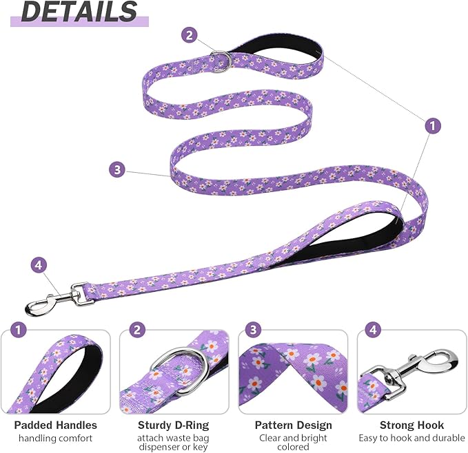 Hikiko 5FT Dog Leash for Small Medium Large Dogs, Dual Padded Handles Dog Lead for Walking Training (Purple Floral)