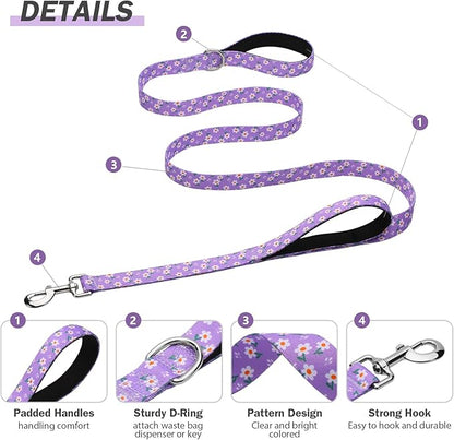 Hikiko Double Handle Dog Leash 4 Ft for Small Medium Large Dogs, Padded Traffic Handles Lead for Walking Training (Purple Floral)